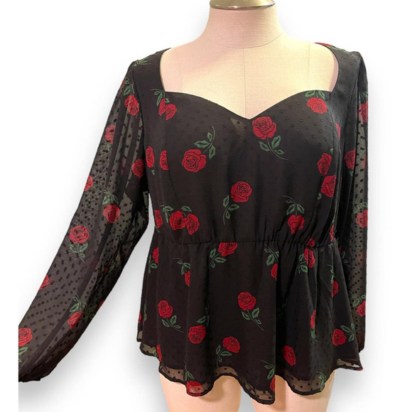 Torrid 2 (2X) New Black/Red Roses Peplum Chiffon Clip Dot Puff Sleeve Blouse Top - Picture 1 of 3